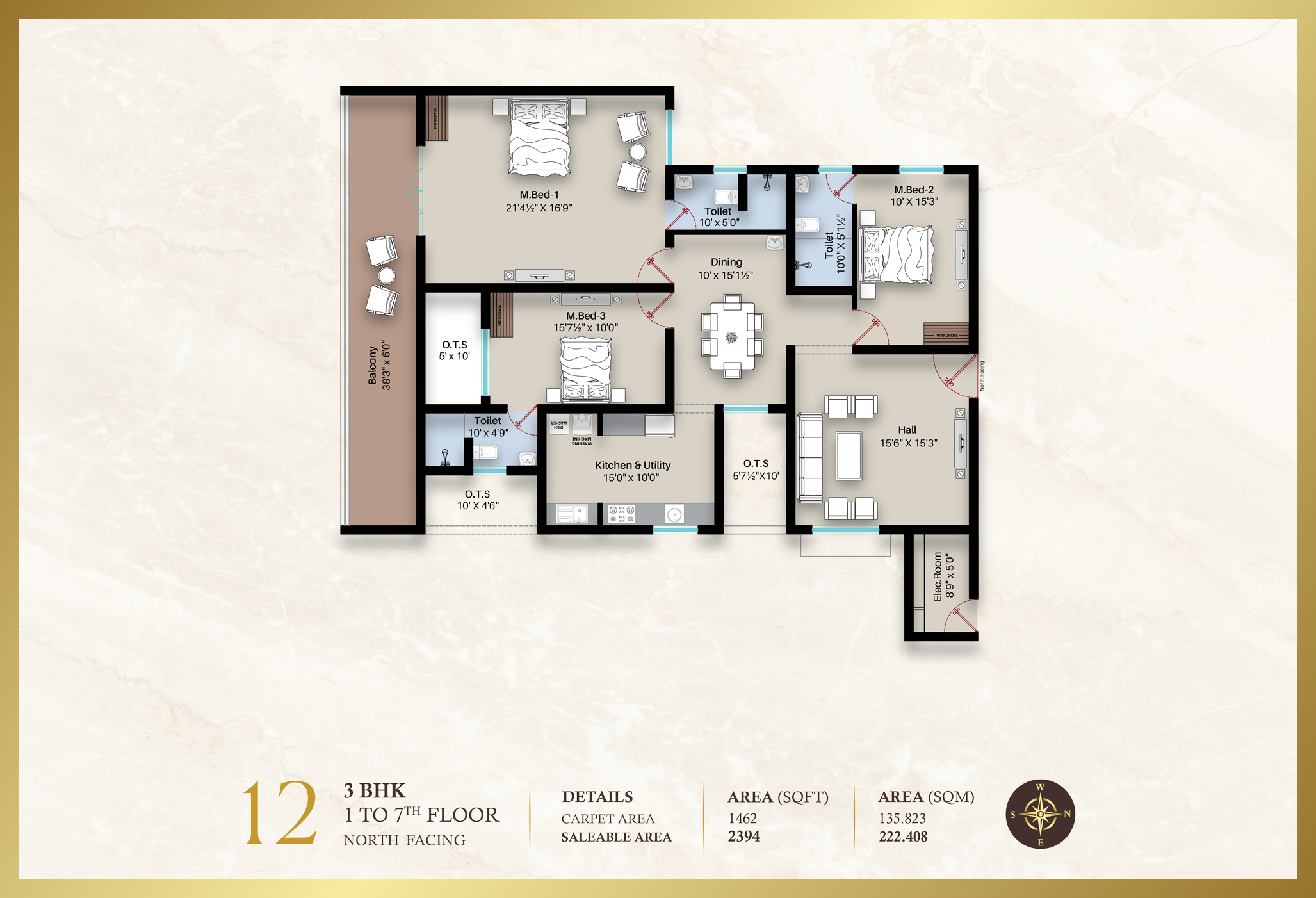 Diora Apartment 3BHK East facing floor plan 1535 sq-ft